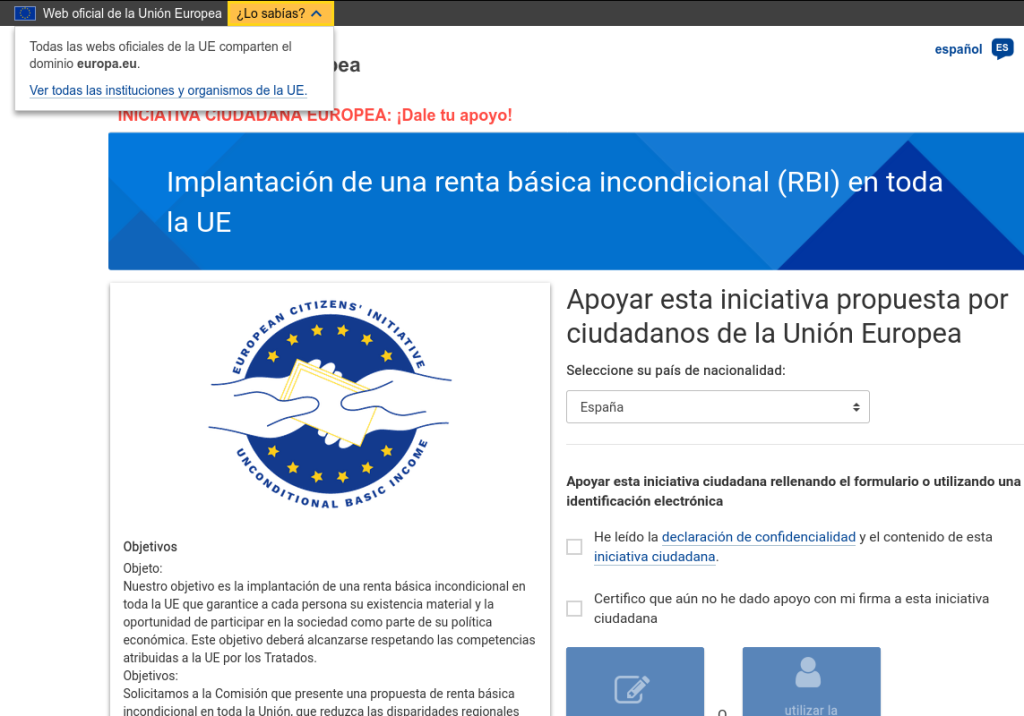 Captura de pantalla de la web oficial de la UE para la Iniciativa  Ciudadana Europea por una Renta Básica Incondicional